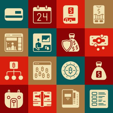Set Business finans raporu, para çantası, deste kağıt para nakit, Finansal kitap, ticaret kursları, büyüme grafiği, kredi kartı, kalkan ve ikon içeren web sitesi. Vektör