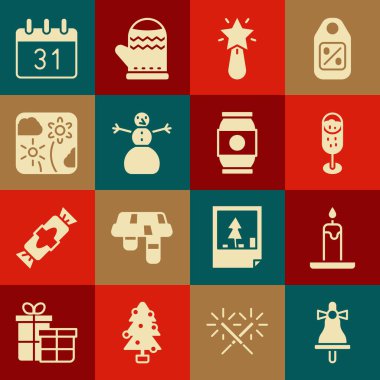 Mutlu Noeller çanı, yanan mum, bir kadeh şampanya, yıldız, kardan adam, havai fişek roketi, takvim ve bira ikonu. Vektör