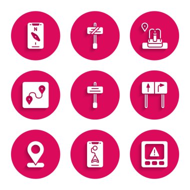 Yol trafik işaretini, şehir haritası navigasyonunu, GPS aygıtı hatasını, yeri, güzergahı, çeşme ve mobil pusula simgesiyle ayarla. Vektör