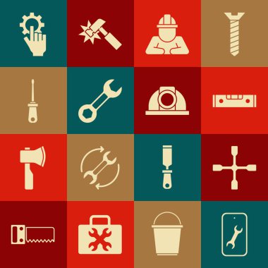 Mobil servisi ayarla, tekerlek anahtarı, inşaat balonu seviyesi, Mimar, İngiliz anahtarı, tornavida, elinde ayarlar ve işçi kaskı simgesi. Vektör