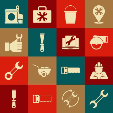 Anahtar, mimar, elektrikli testere, kova, macun bıçağı, boya kovası, fırça ve dizüstü bilgisayar servis simgesini ayarla. Vektör