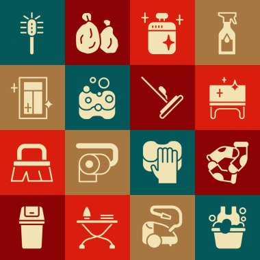 Sabun köpüğü, çorap, temizlik masası, yemek tenceresi, sünger, pencere temizleme servisi, tuvalet fırçası ve temizlik ikonu. Vektör