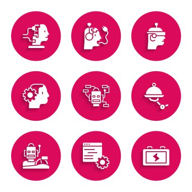 Robot, Bilgisayar Arayüzü, Batarya, Garson Robot, İnsansı Sürücü Aracı, İnsansı, Akıllı Gözlükler ve bakım simgesi. Vektör