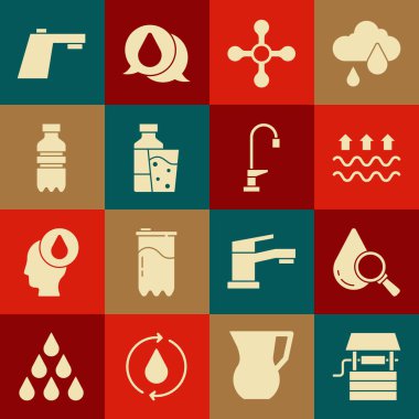 İyi yerleştirilmiş kova, damla ve büyüteç, su buharlaşması dalgaları, su musluğu, şişe ve ikon. Vektör