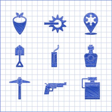 Dinamit bombası, Revolver silahı, Kantin su şişesi, Tekila, Kazma, Kürek, Hexagram şerifi ve Kovboy bandana ikonu. Vektör