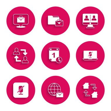 Set Zamanı Yönetimi, Çevrimiçi Çalışma, Bilgisayarda Dilsiz Mikrofon, Proje Ekibi Üssü, Video Sohbet Konferansı ve Simge. Vektör