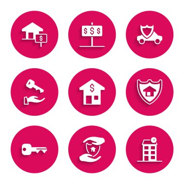 House 'u dolar, kalkan, anahtar, araba ve ikon ile ayarla. Vektör