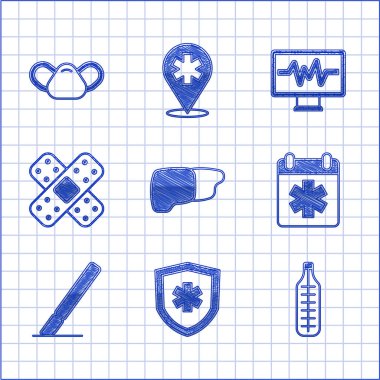 İnsan organı karaciğeri, hayat sigortası, tıbbi termometre, doktor randevusu, cerrahi neşter, çapraz bandaj bandı, kardiyogramlı monitör ve koruyucu maske ikonu. Vektör