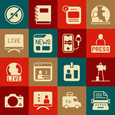 Retro daktilo, Anten, Gazeteci haberleri, Bilgi, Haber, Canlı yayın, Sansürlü pul ve Mobil kayıt simgesi. Vektör
