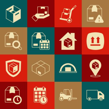 Teslimat kamyonu, karton kutulu konum bu taraf, el ve kutular, karton takvim, arama paketi, karton ve ev teslimat servisi ikonu. Vektör