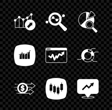 Finansal büyüme, Arama Veri Analizi, Dolar, Borsa Tarayıcı ve Grafik grafik bilgi simgesini ayarla. Vektör