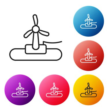 Siyah çizgi rüzgar türbini simgesi beyaz arkaplanda izole edildi. Rüzgar jeneratörü işareti. Elektrik üretimi için yel değirmeni. Renkli daire düğmelerini ayarlayın. Vektör.