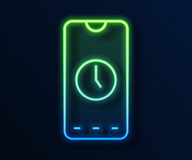 Parlak neon hattı alarm uygulaması akıllı telefon arayüzü simgesi mavi arkaplanda izole edildi. Vektör.