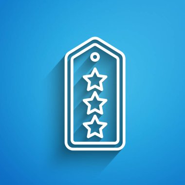 Beyaz çizgi askeri rütbe ikonu mavi arka planda izole edildi. Askeri rozet işareti. Uzun gölge. Vektör.
