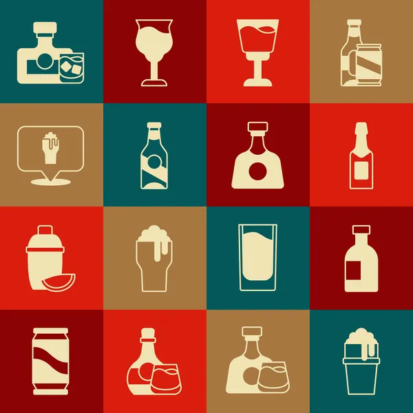 采购产品设置一杯啤酒 瓶装伏特加 酒精或酒吧位置 威士忌和龙舌兰酒图标 — 图库矢量图片