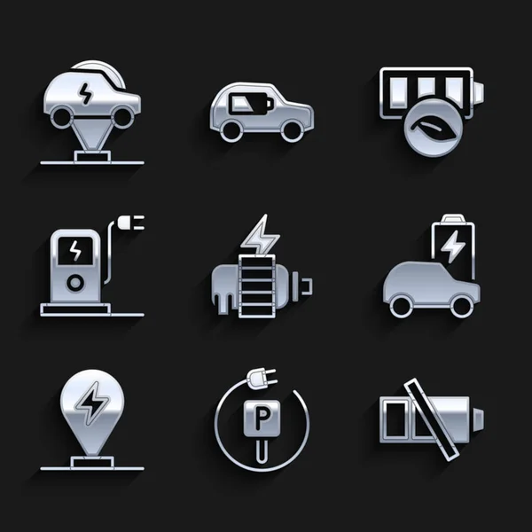 Set Moteur Électrique Chargement Parking Voiture Électrique Batterie Faible Station — Image vectorielle