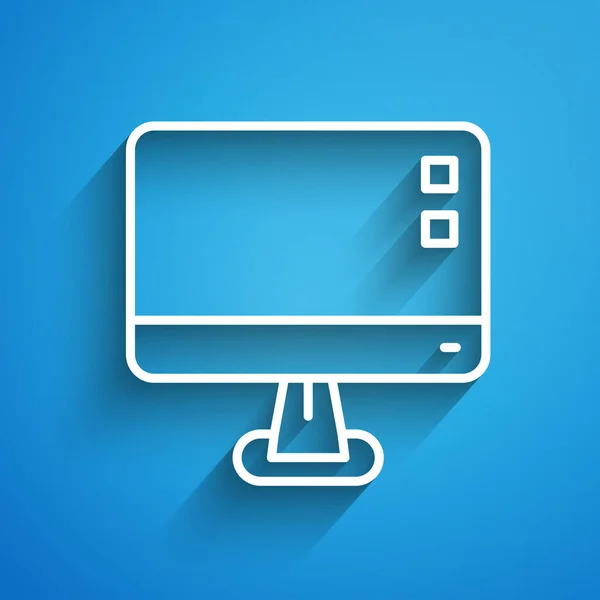 白线计算机监视器屏幕图标孤立在蓝色背景上 电子设备 前面的景色很长的阴影B — 图库矢量图片