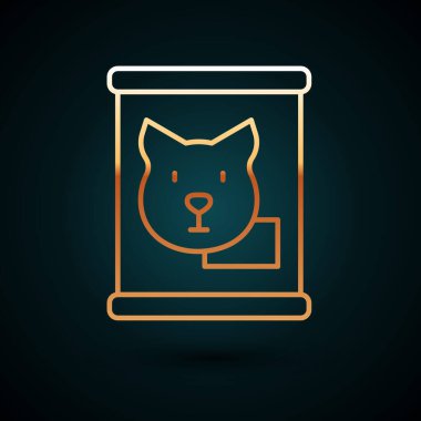 Altın çizgili konserve yiyecek ikonu koyu mavi arka planda izole edilmiş. Hayvanlar için yiyecek. Evcil hayvan yiyeceği kutusu. Köpek kemiği işareti. Vektör