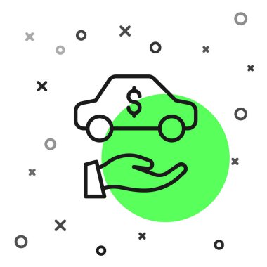 Siyah çizgi araba kiralama ikonu beyaz arka planda izole edildi. Araba tabelası kirala. Anahtarlı araba. Otomobil tamir servisi konsepti. Vektör