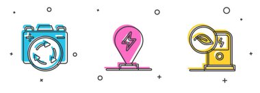 Bataryayı geri dönüşüm sembolüyle, elektrikli arabayı şarj ederek ve istasyon simgesini şarj ederek ayarla. Vektör