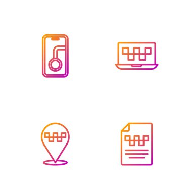 Taksi ehliyeti, taksi konumu, şehir haritası navigasyonu ve Laptop çağrı servisi ayarlayın. Renk simgeleri. Vektör