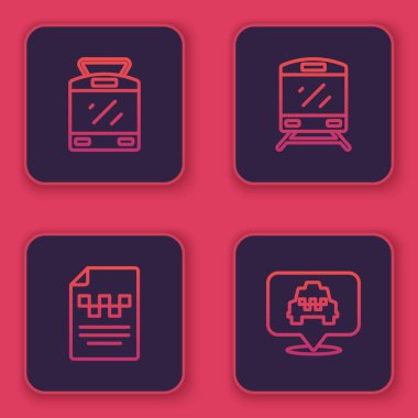 Tramvay ve demiryolu hattı, taksi ehliyeti, taksi ile tren ve konumu ayarlayın. Mavi kare düğme. Vektör