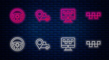Hattı taksi, bilgisayar servisi, direksiyon ve taksinin çatısı ile ayarla. Tuğla duvarda parlayan neon simgesi. Vektör