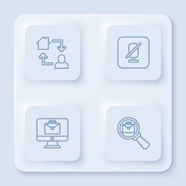 Çevrimiçi hat çalışıyor, dilsiz mikrofon ve çantalı büyüteç. Beyaz kare düğme. Vektör