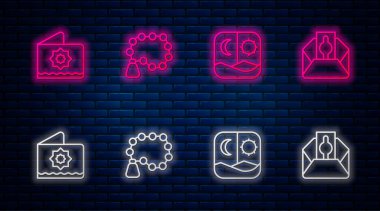 Tespih, dua, Ramazan oruç, sekizgen yıldız ve bağış ya da sadaka. Tuğla duvarda parlayan neon simgesi. Vektör