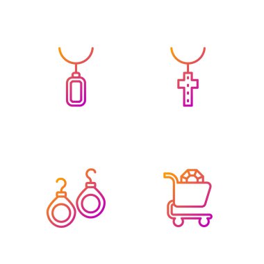 Online mücevher alışverişi, küpeler, kolye ve Hıristiyan haç zinciri. Renk simgeleri. Vektör