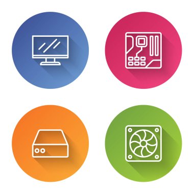 Satır bilgisayar monitörü, ana kart dijital çip, Sunucu, Data, Web sunucu ve soğutucu ayarlayın. Renkli daire düğmesi. Vektör
