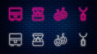 Elmas nişan yüzüğünü kutuya, küpelere, mücevherlere ve kolyeye koy. Tuğla duvarda parlayan neon simgesi. Vektör