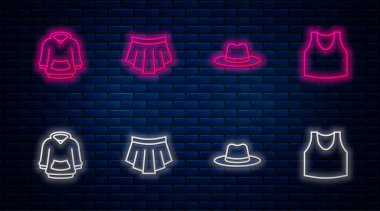 Çizgili etek, erkek şapkası, kapüşonlu ve fanilalı. Tuğla duvarda parlayan neon simgesi. Vektör