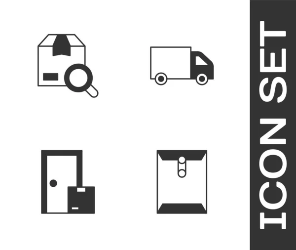 Встановити Конверт Пакет Пошуку Служби Доставки Додому Піктограму Вантажівки Delivery — стоковий вектор