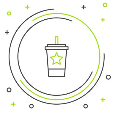 Beyaz zemin üzerinde saman ve su ikonu olan çizgi kağıt bardak. Soda bardağı. Taze soğuk içecek sembolü. Renkli taslak konsepti. Vektör