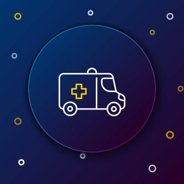 Hat ambulansı ve acil durum arabası ikonu mavi arka planda izole edildi. Ambulans aracı tıbbi tahliye. Renkli taslak konsepti. Vektör