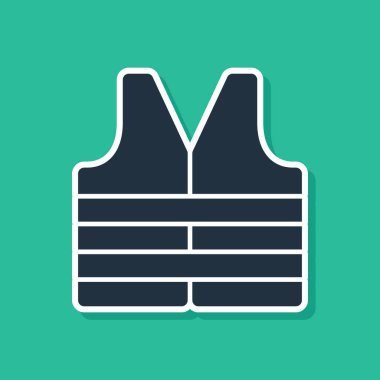 Mavi Hayat Ceketi simgesi yeşil arkaplanda izole edildi. Can yeleği ikonu. Olağanüstü bir spor. Spor malzemeleri. Vektör