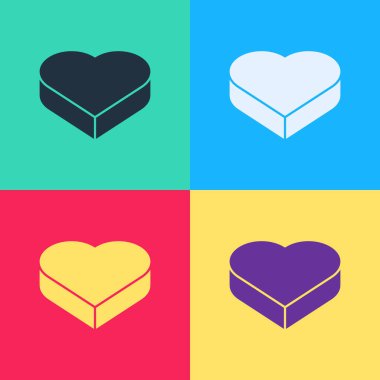 Pop Art Candy kalp şeklindeki kutuda ve yay simgesinde renk arkaplanında izole. Sevgililer Günü. Vektör