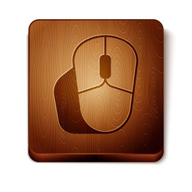 Kahverengi Bilgisayar faresi simgesi beyaz arkaplanda izole edildi. Tekerlek sembollü optik. Tahta kare düğme. Vektör