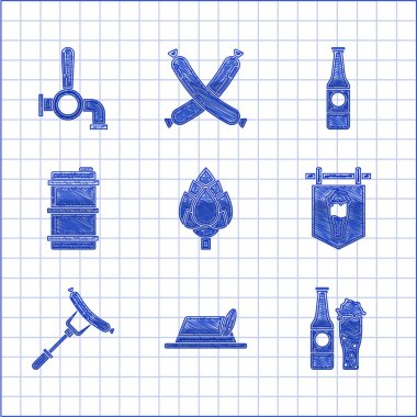 Hop, Oktoberfest şapkası, bira şişesi ve cam, bira tabelalı sokak tabelası çatallı sosis, metal fıçı ve tap ikonu. Vektör