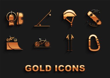 Bisiklet, kaykay numarası, Karabinalı, kayak direklerini, sokak rampasında, kaskta, dalış maskesinde, suya dalma maskesinde ve ikonda ayarla. Vektör