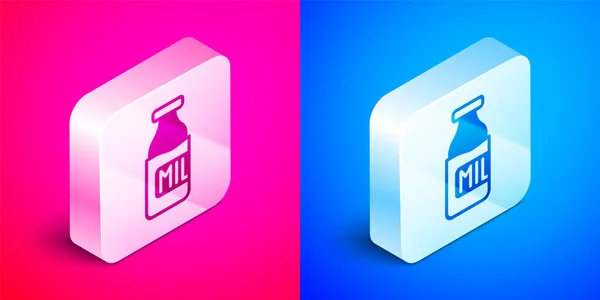 Isometric Closed glass bottle with milk icon isolated on pink and blue background. Silver square button. Vector — Stock Vector