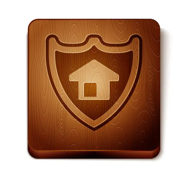Brown House com ícone de escudo isolado no fundo branco. Conceito de seguro. Segurança, segurança, proteção, proteger o conceito. Botão quadrado de madeira. Vetor —  Vetores de Stock