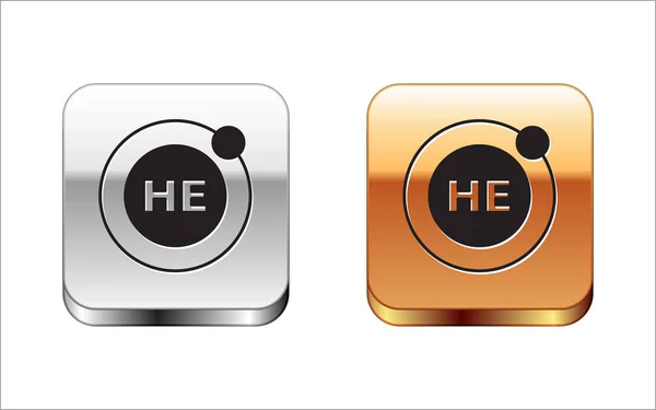 Icône de l'élément chimique de l'hélium noir isolé sur fond blanc. Symbole chimique des éléments du tableau périodique de l'hélium. Boutons carrés en argent et or. Vecteur — Image vectorielle