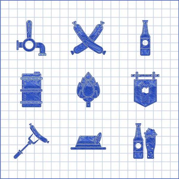 Set Hopfen, Wiesn-Hut, Bierflasche und -glas, Straßenschild mit Bier, Wurst auf der Gabel, Metallfass und Zapfhahn-Symbol. Vektor — Stockvektor