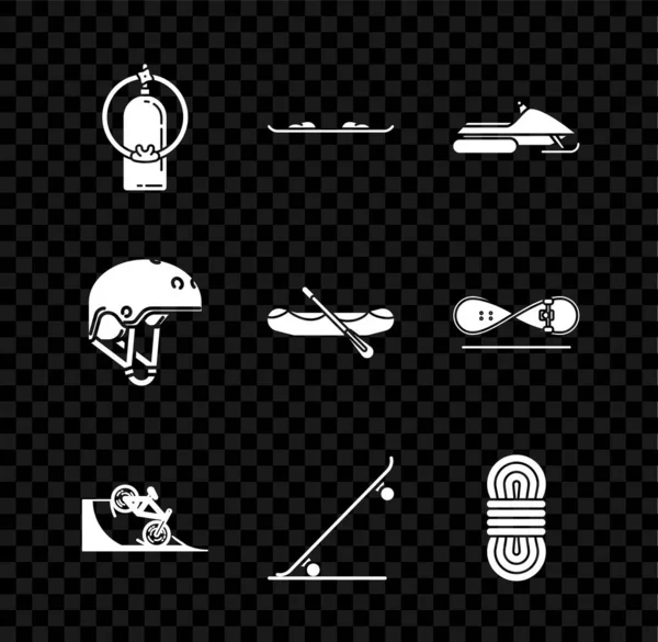 Set Aqualung, Snowboard, Snowmobile, Bicycle on street ramp, Skateboard, Climber ronet, Helmet і Rafting boat icon. Вектор — стоковий вектор