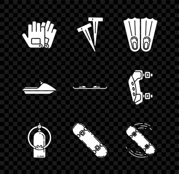 Set Handschoenen, Pegs voor tenten, Rubber zwemvliezen, Aqualung, Skateboard truc, Jet ski en Snowboard icoon. Vector — Stockvector