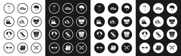 Set Helmet, Bicycle on street ramp, Ski pole, Diving mask, Rubber flippers for swim and Parachute icon. Vector — 스톡 벡터