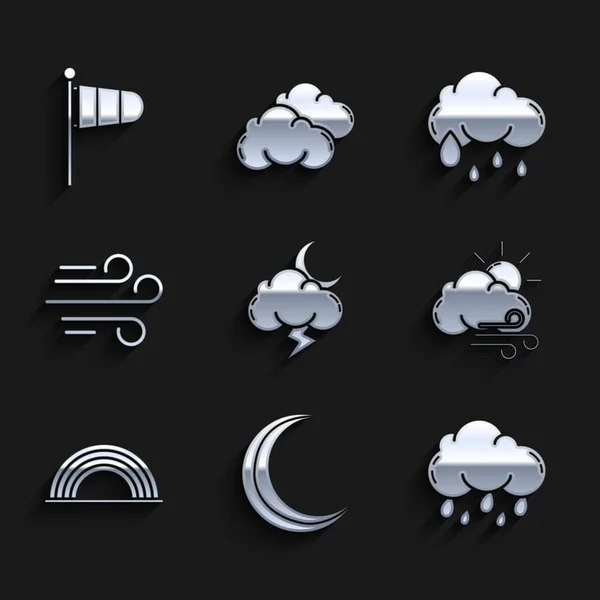 Set Tempesta, Luna e stelle, Nuvola con pioggia, tempo ventoso, nuvole arcobaleno, e meteorologia cono vento palude icona. Vettore — Vettoriale Stock
