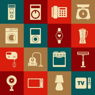 TV alıcısını ve oyuncuyu uzaktan kumandalı ayarla, elektrikli ısıtıcı, blender, telefon, müzik, çamaşır makinesi, uzaktan kumandalı ve akıllı saat kalp atış hızı simgesini gösterir. Vektör